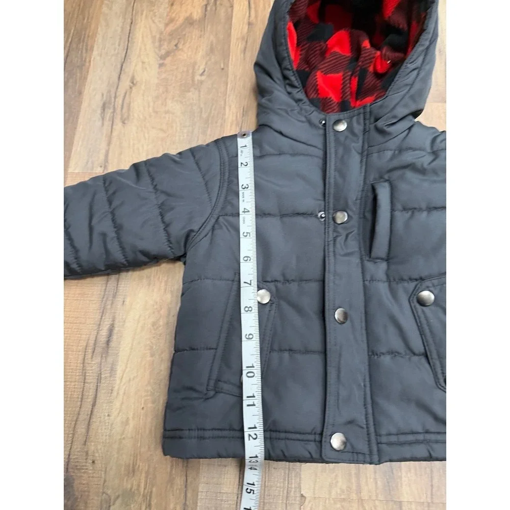OshKosh B'gosh Toddler 18M Black Puffer Jacket Hooded Buffalo Plaid Lined